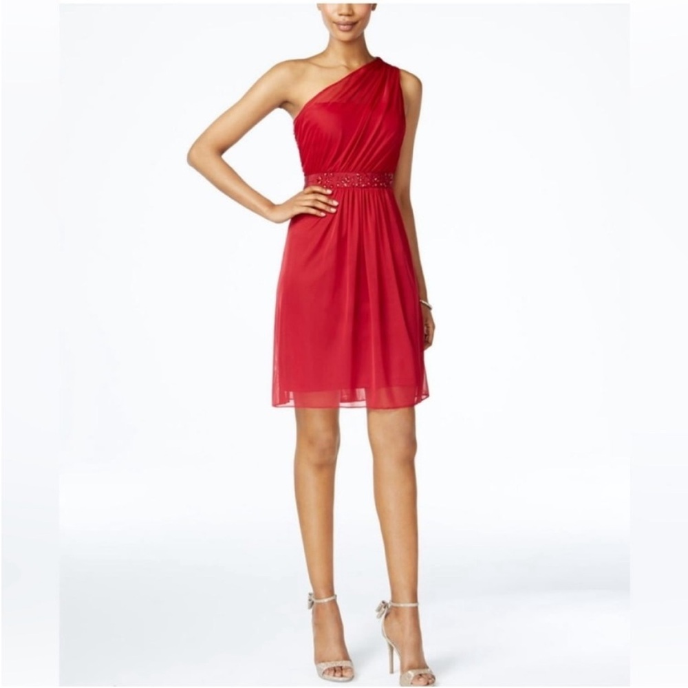 Adrianna Papell One-Shoulder Red Dress with Jewel Studded Waist. 4. NWT. $169!